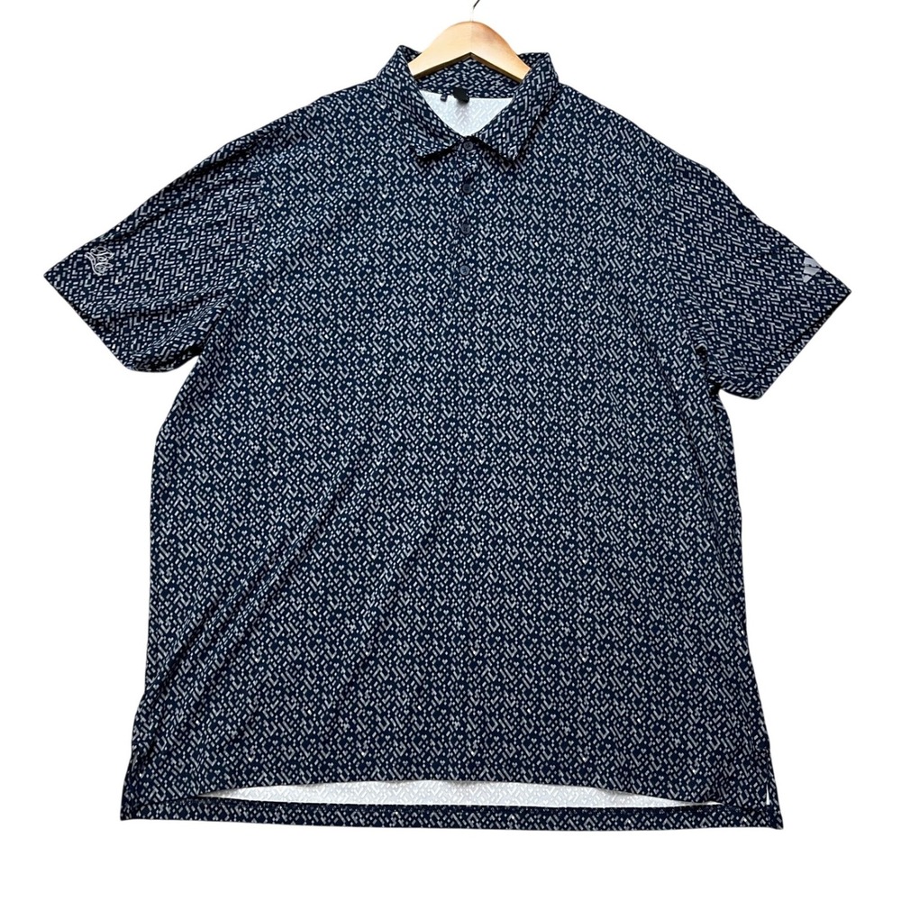 Adidas Polo Shirt Mens 2XL Navy Blue Geometric Golf Performance 3 Stripes LOGO